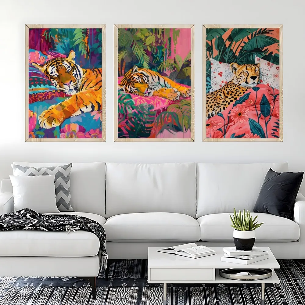 الملونة حوض الاستحمام الحيوان النمر زيبرا القط الأسود الكرتون المشارك قماش اللوحة الفن ديكور المنزل طباعة لغرفة المعيشة ديكور