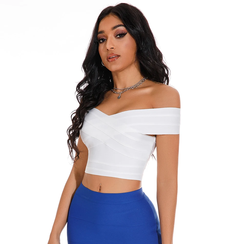 HQBORY Fashion New White Off Shoulder Vests Women Girl High Street Camis Criss Cross Super Mini Crop Tops Maxi Party Club