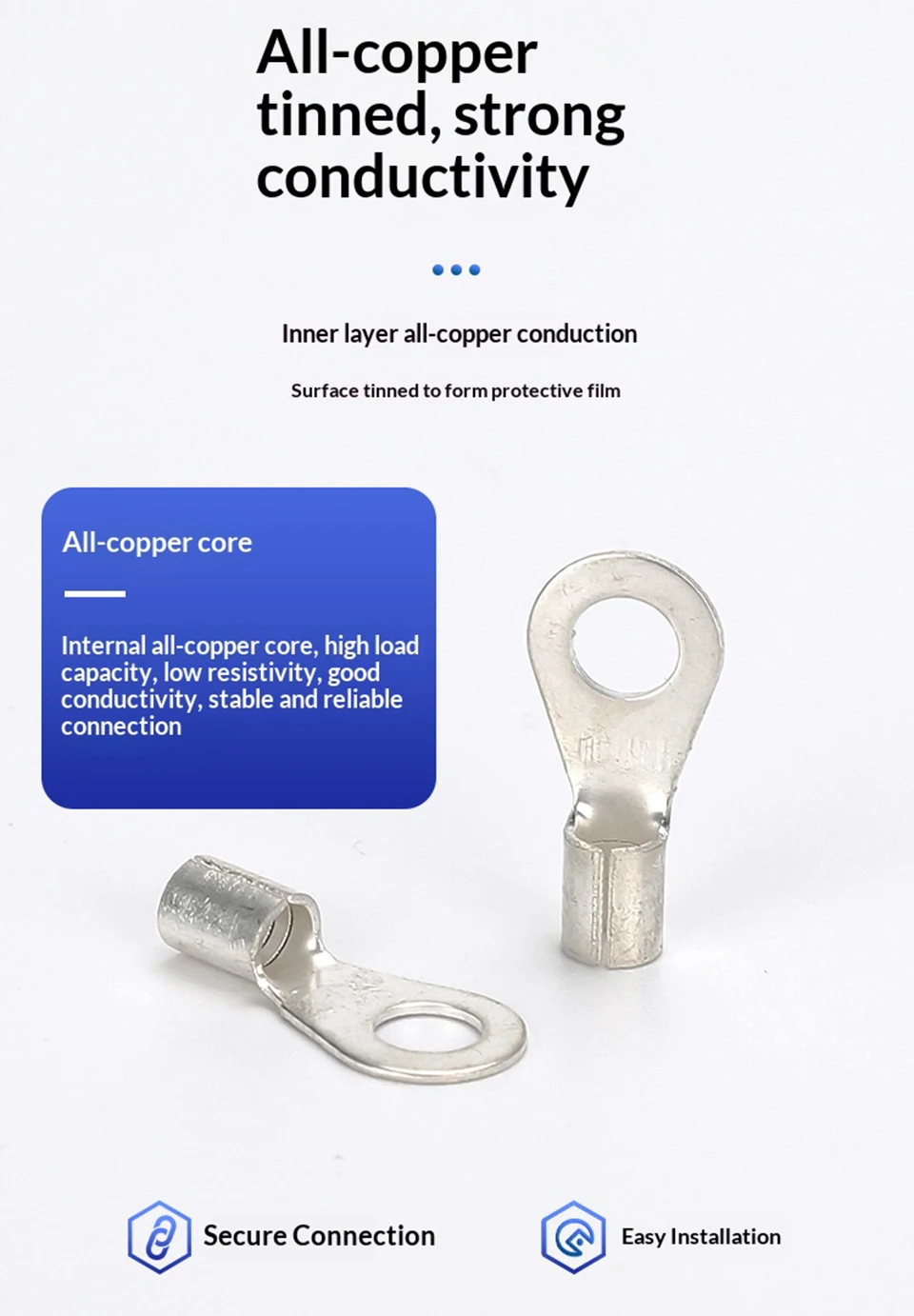 Runder Kabelschuh OT1/1.5/2.5/4/6-4/5/6/8mm Kabelendverbinder aus blankem Kupfer, nicht isoliert, zum Crimpen – Detail 3