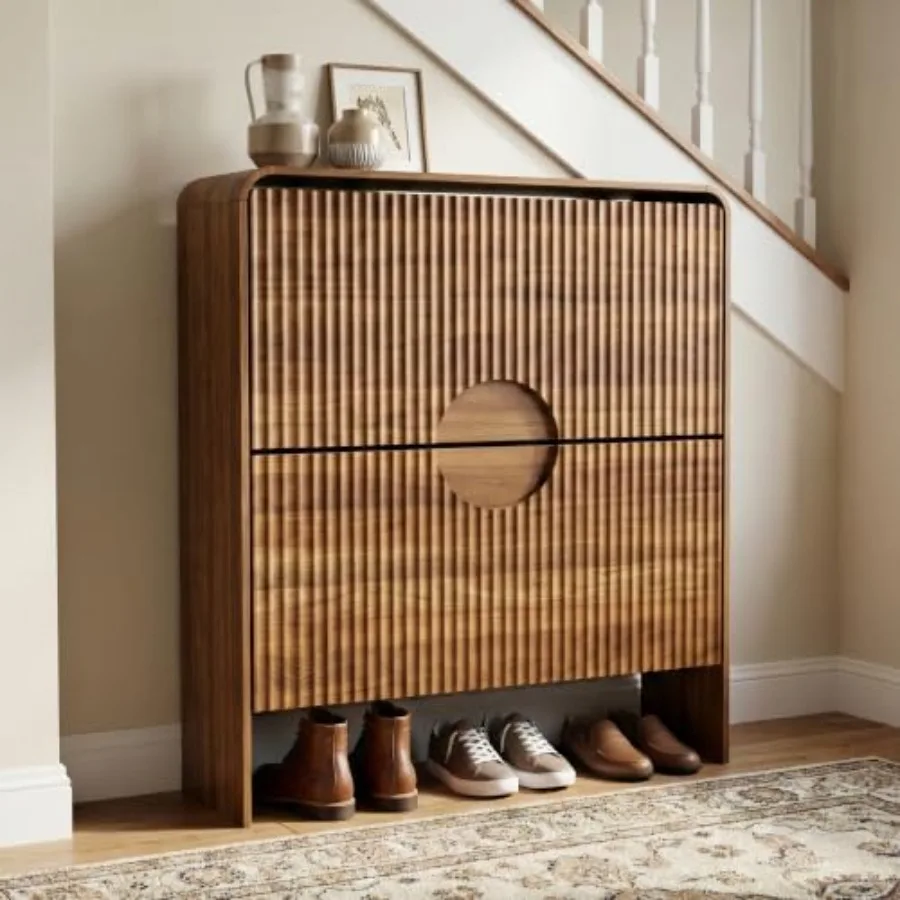 Narrow Shoe Cabinet with Entry Way, Slim Shoe Storage Cabinet for 2 Tier Doors, No Shelf, Fluted Hidden Shoe Rack Organizer for