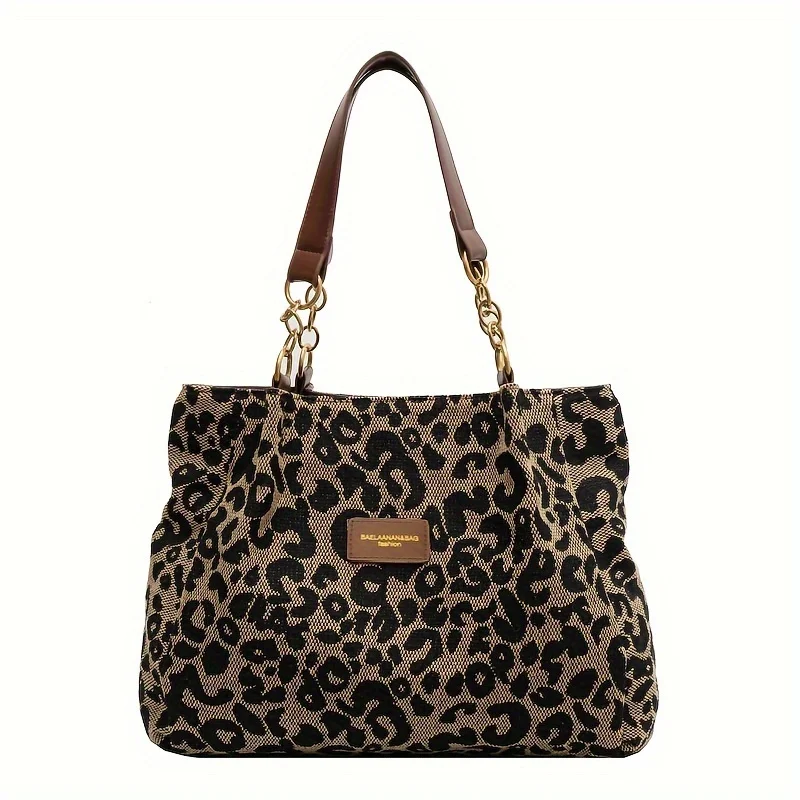 Borsa tote in tela con stampa leopardata, borsa a tracolla alla moda per donna, perfetta per la scuola, l\'ufficio e lo shopping