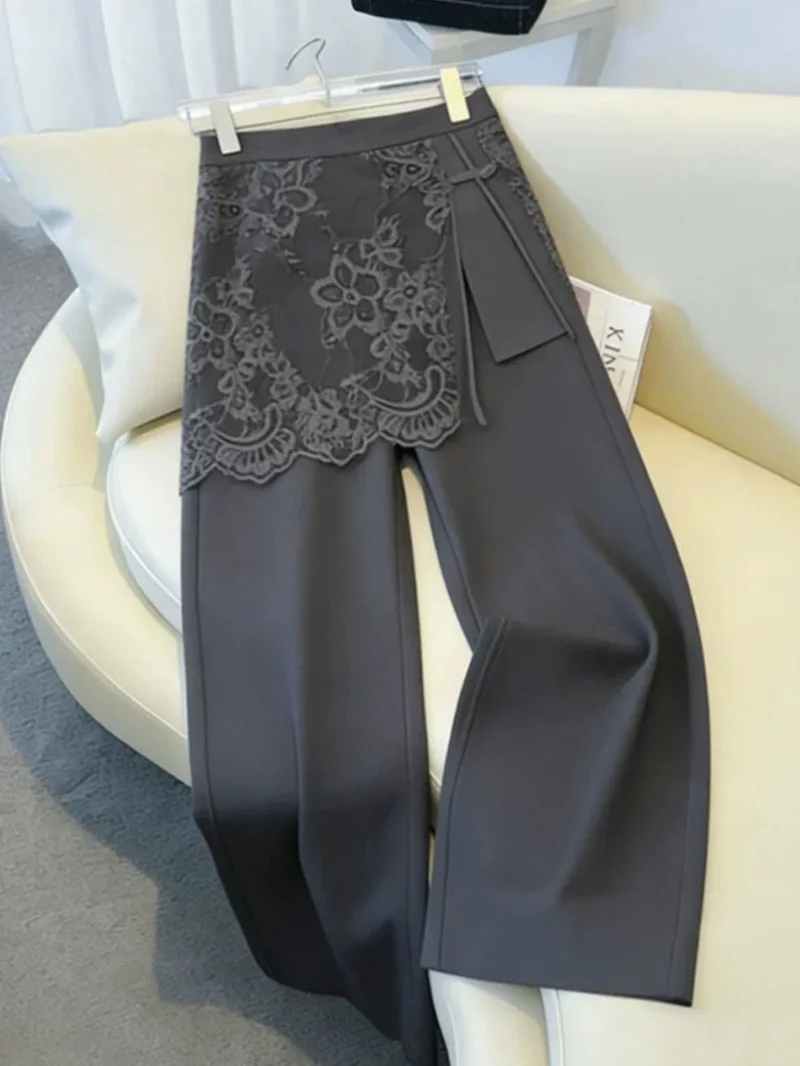 New Summer Fashion Lace Patchwork Skirt Pants Women Office Lady Slim Casual Loose Elastic Waist Blazer Trousers Elegant