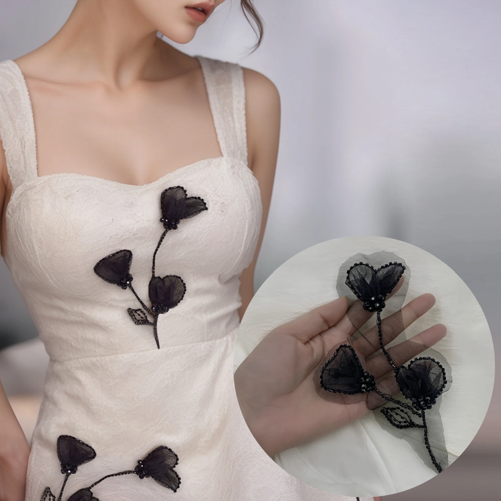 

3D Floral Black Lace Applique Crystal Decoration for Dresses,Clothing,Shirts,Skirts Tulle Fabric,Feel free to Cut SP240