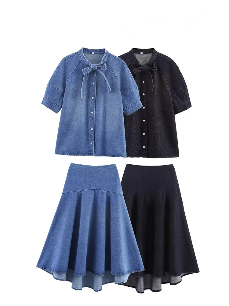 HH – costumes à la mode pour femmes, chemise à simple boutonnage + jupe mi-longue plissée avec fermeture éclair, taille élastique, jupe en Denim solide