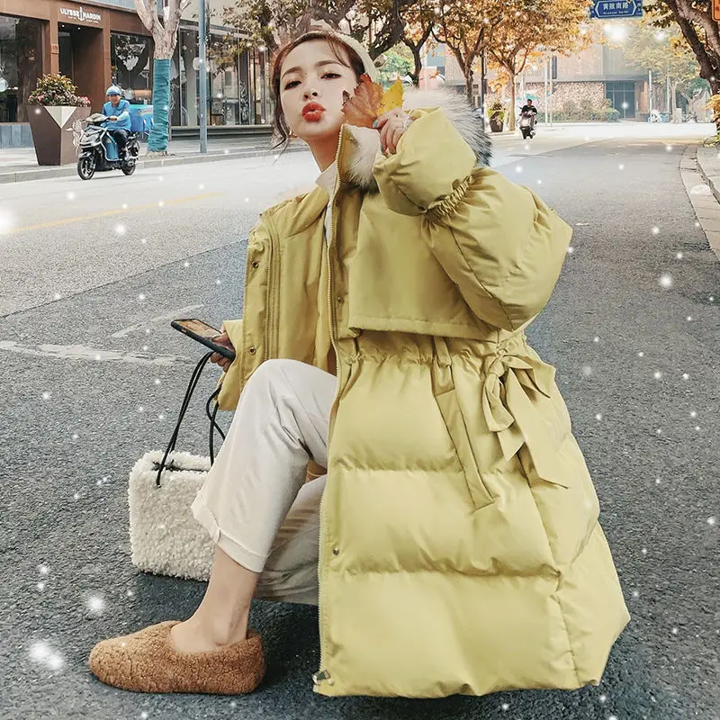 

plus Size Winter Fashion Thickened down Cotton Jacket Women's Waist-Cinching Midi Coat Korean Style Zipper Closure Long Sleeve