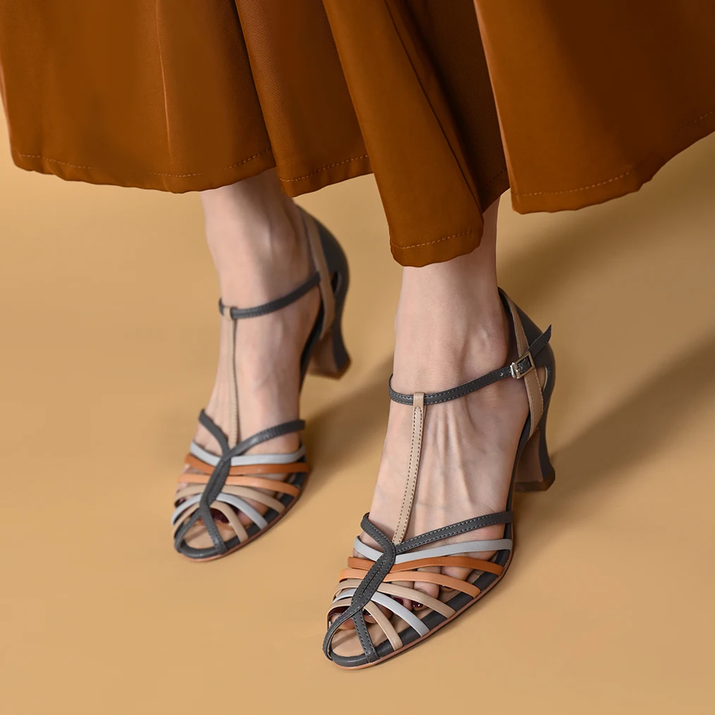 Woman Summer Sandals French Style Retro Shoes One Strap Closed Toe Sandalias Laies Cow Leather Gladiator Shoes Mixed Color