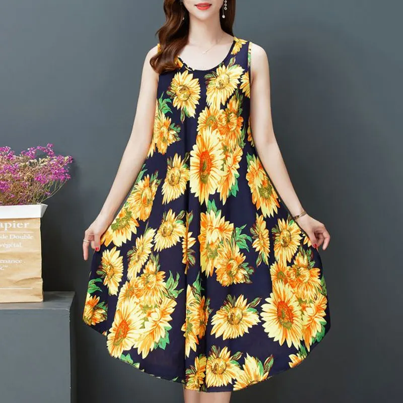 Beach Style Folk Floral Printed Sundress Women\'s Clothing Vintage Loose A-Line Summer Sleeveless Casual Round Neck Midi Dress