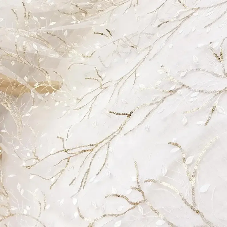 

Gold sequin Branches Embroidered Lace Fabric flower tulle Fabric for Wedding Dress Party Dress Tutu Dress 1 Yard
