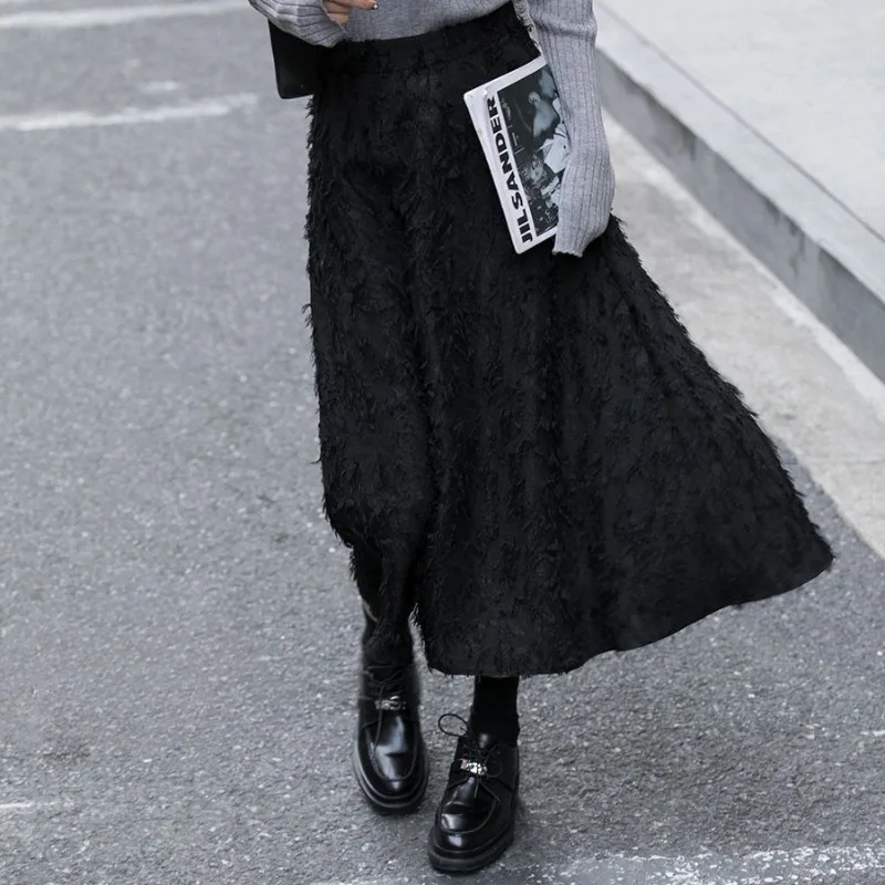 Elegant Women Long Skirts High Waist  A-line Winter Casual Female Slim Streetwear Simple Midi Fur Solid Classic Soft All-match