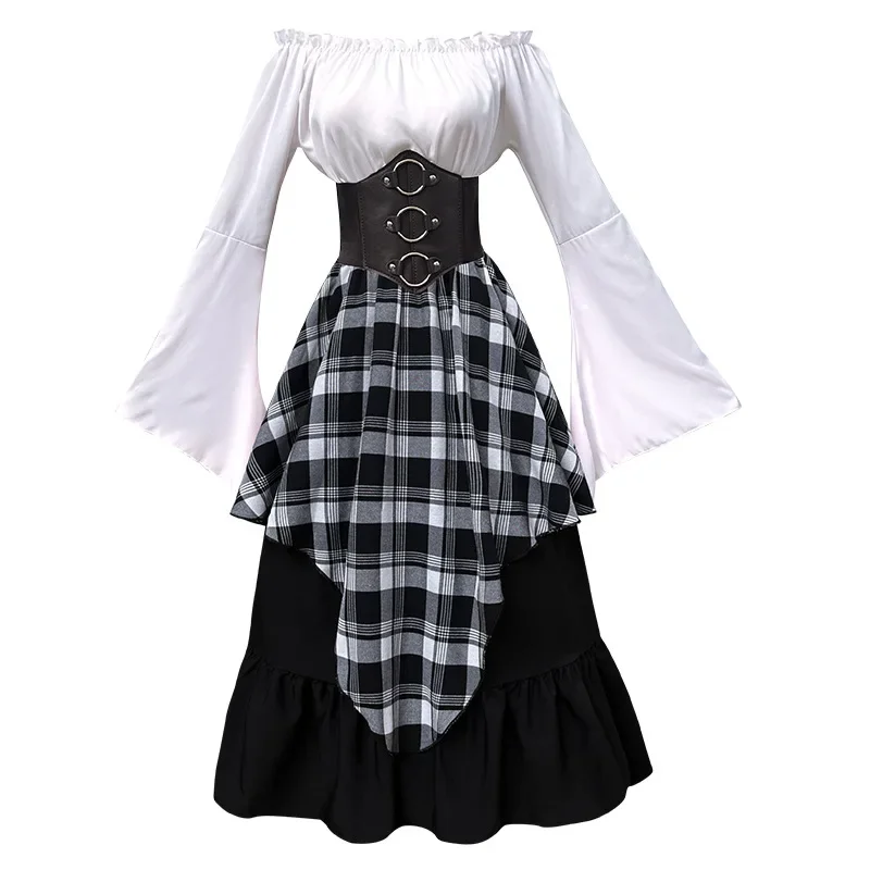 Женская ретро средневековая юбка, винтажный костюм для косплея, блузка с длинными рукавами, Ренессанс, готическое лоскутное вечернее платье с открытыми плечами