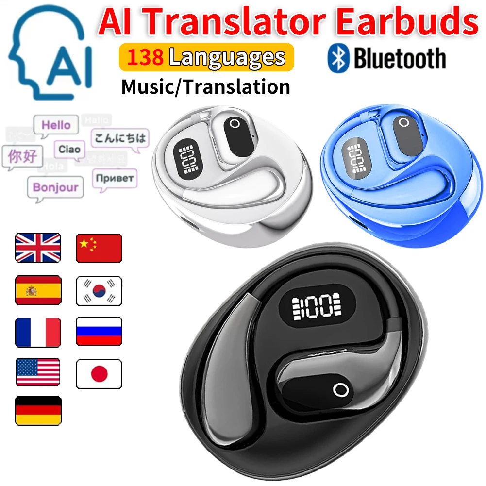 Real Time Language Translation Earbuds Waterproof Ear Hanging Headphone Wireless Open-Ear Bluetooth 5.3 Headphones for Travelers