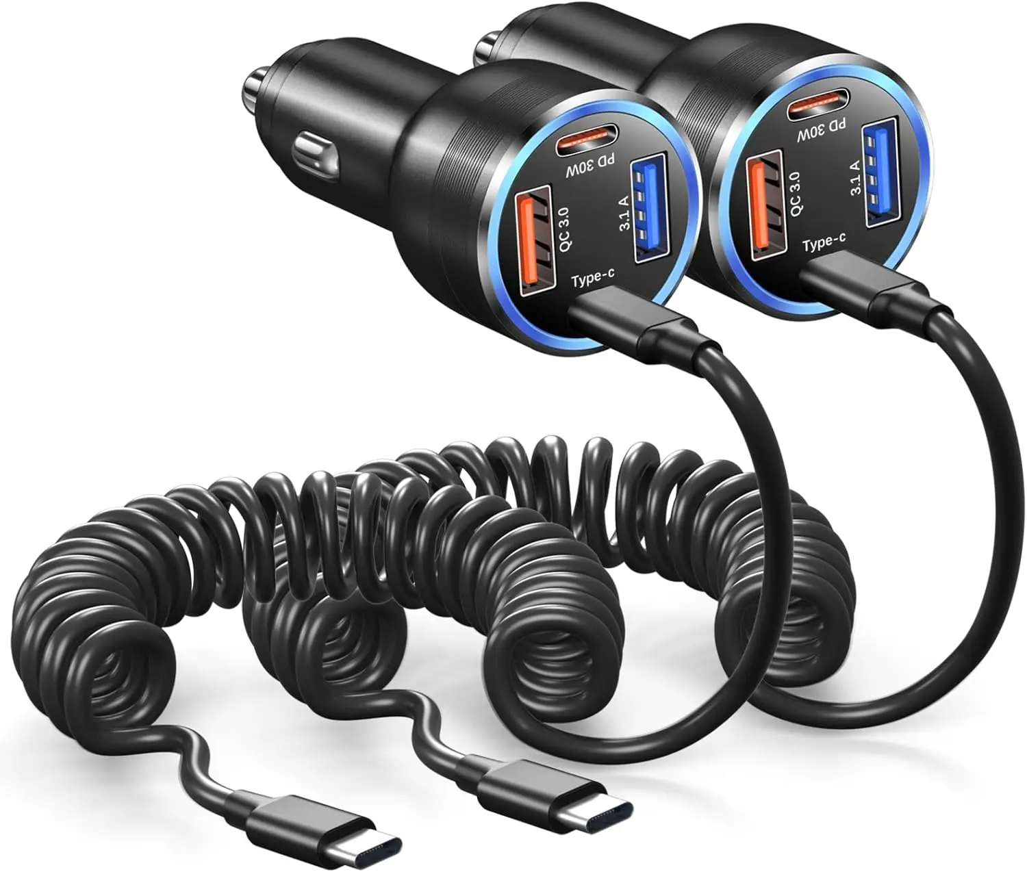 65W Super Fast Car Charger 2Pack 4-Port USB C Adapter for Samsung Galaxy S26 S25 S24 S23 S22 Ultra + 5FT Coiled Cable