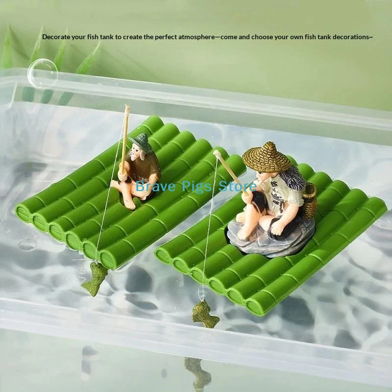 Bamboo Raft Floating Fishing Ornament Feeding Platform Statue Outdoor Garden Decoration For Miniature Landscape Decoration