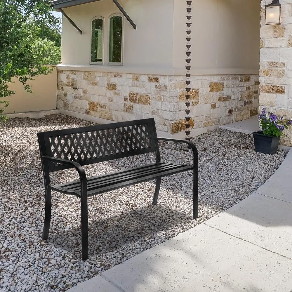 

47in PVC Mesh Backrest Patio Bench Outdoor Porch Park Backyard Iron Chairs Black
