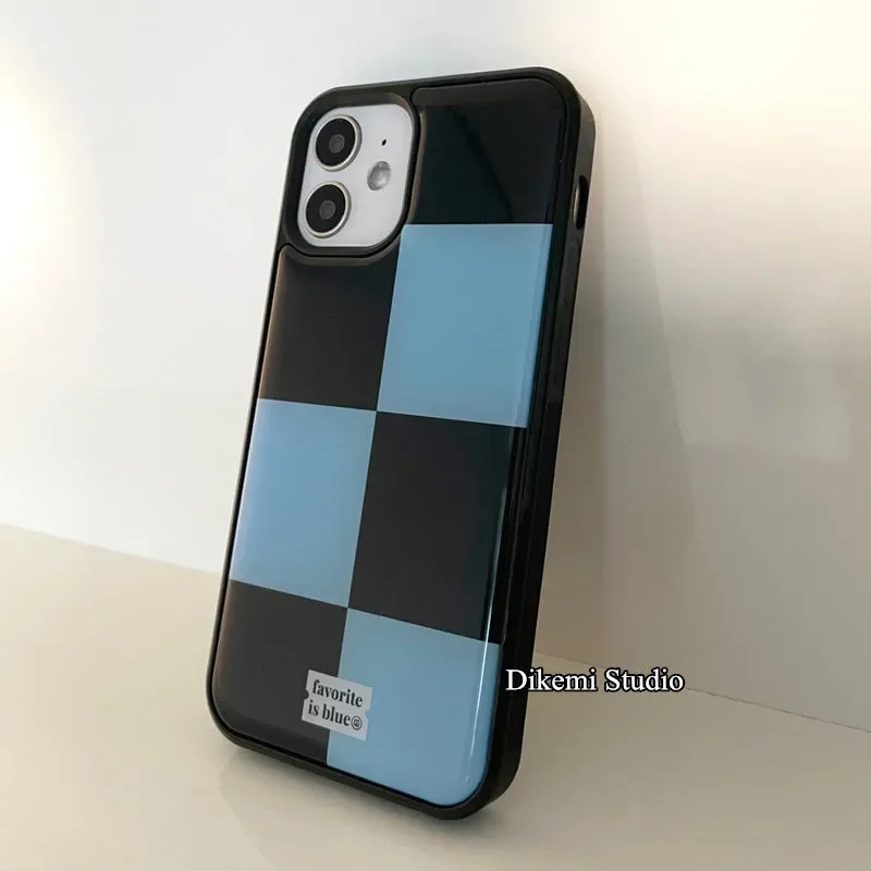 Korean ins Black and Blue Grid Minimalist Phone Case for iPhone 17 16 15 14 13 12 11 PRO MAX PLUS 17air 16e XR Drop Glue Cover view 3