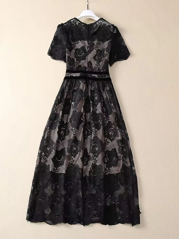 AELESEEN Vintage Black Lace Dress Women Summer Short Sleeve O-Neck Flower Emvroidery Valvet Patchwork Elegant Midi Female