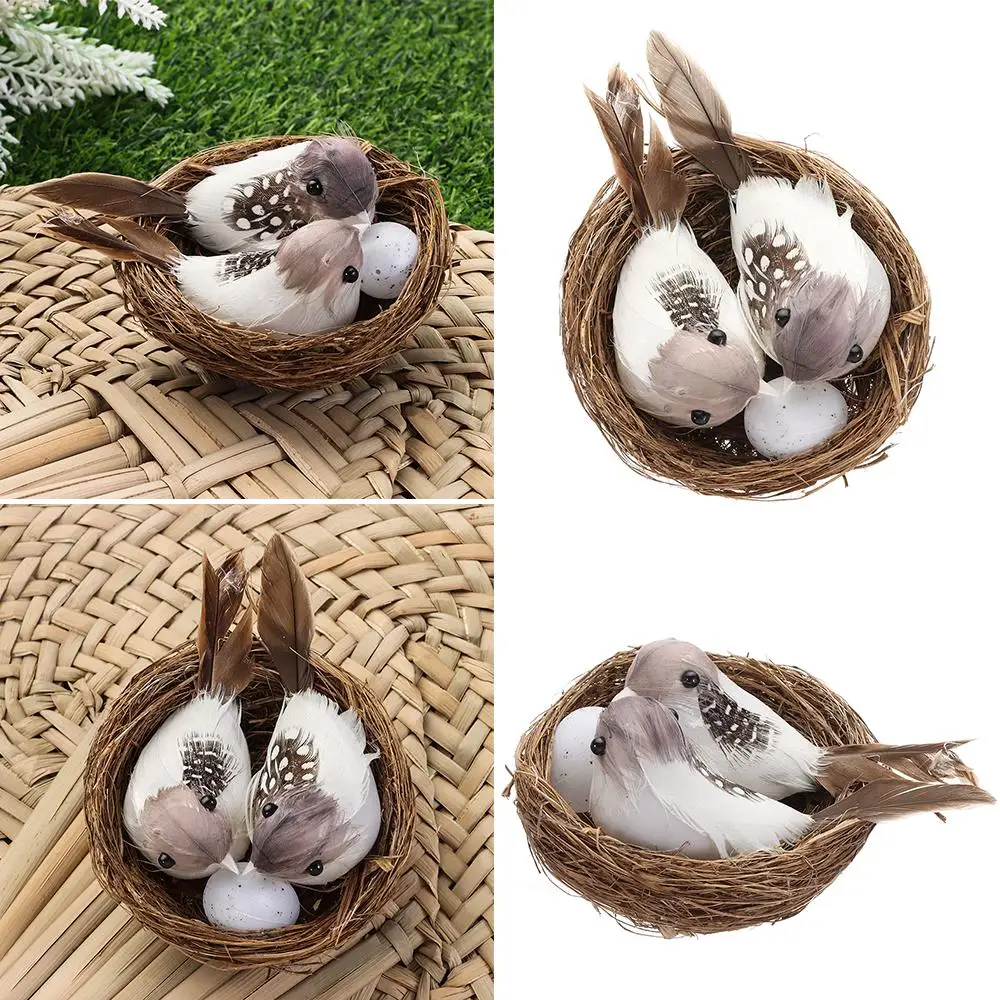 Garden Novelty Handmade Nature Home House Decoration Vine Birds Egg Realistic Feathered Bird Nest Artificial Craft Birds