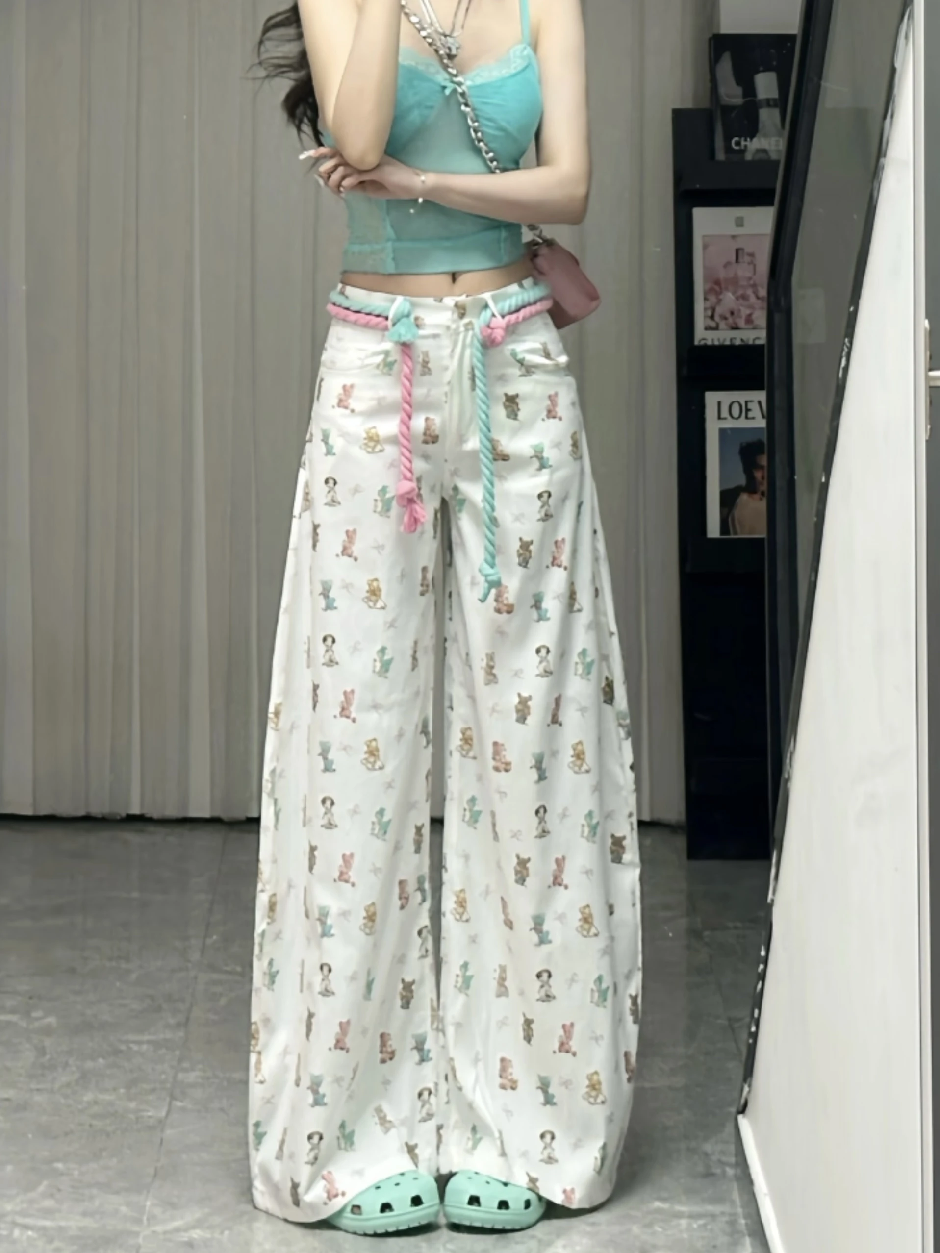 

High Waist White Bear Knot Print Denim Pants Women Summer Design Wide Leg Floor-Length Trousers Casual Loose Fit