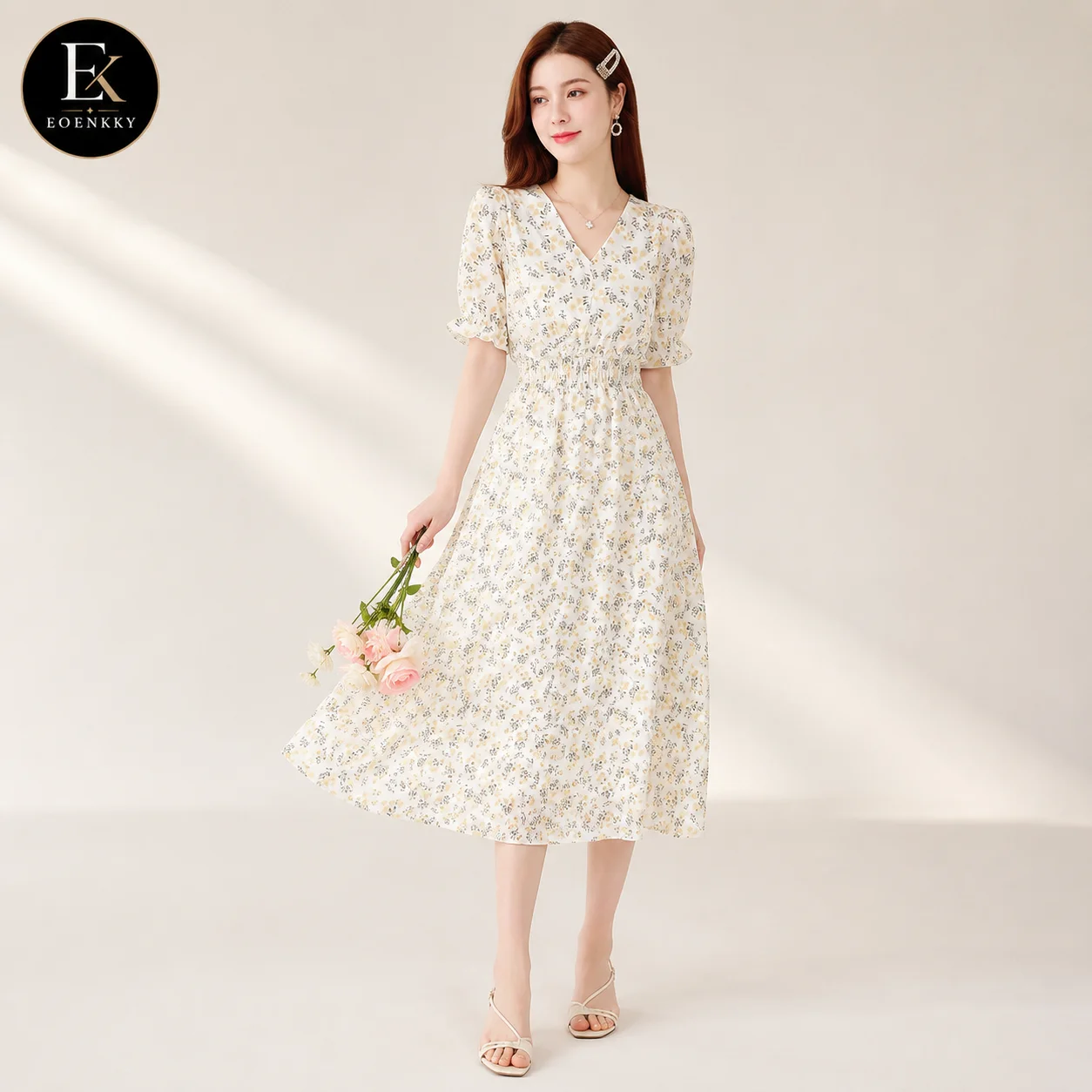 EOENKKY Women Floral Chiffon Midi Dress Summer V Neck Short Puff Sleeve Elastic Waist A Line Casual Vacation Dress