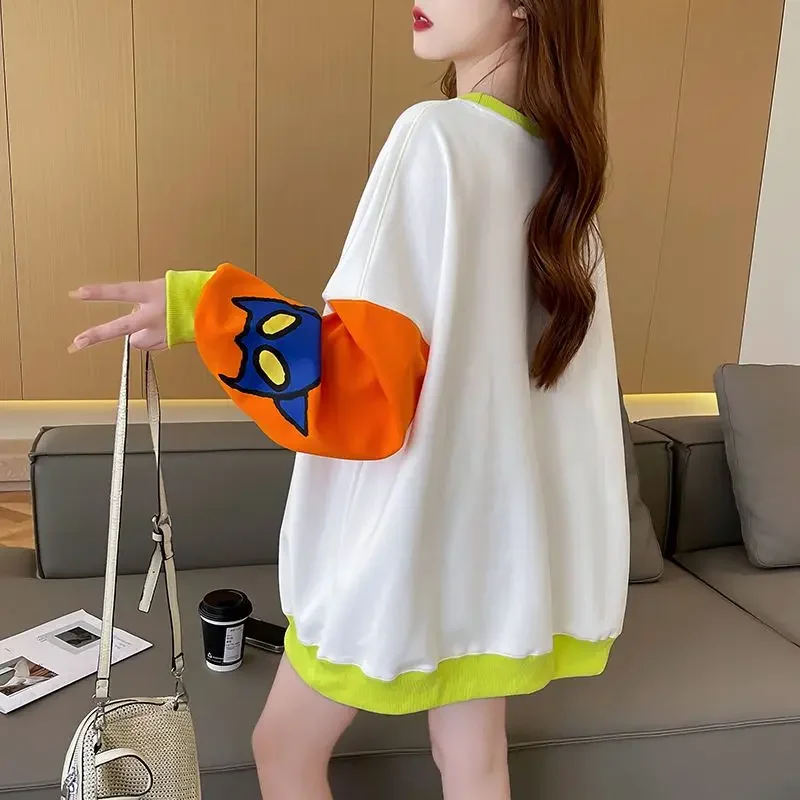 Cartoon new 2024 autumn Korean  hoodie women's coat round neck contrasting printed top fashionable  women's fashion trend