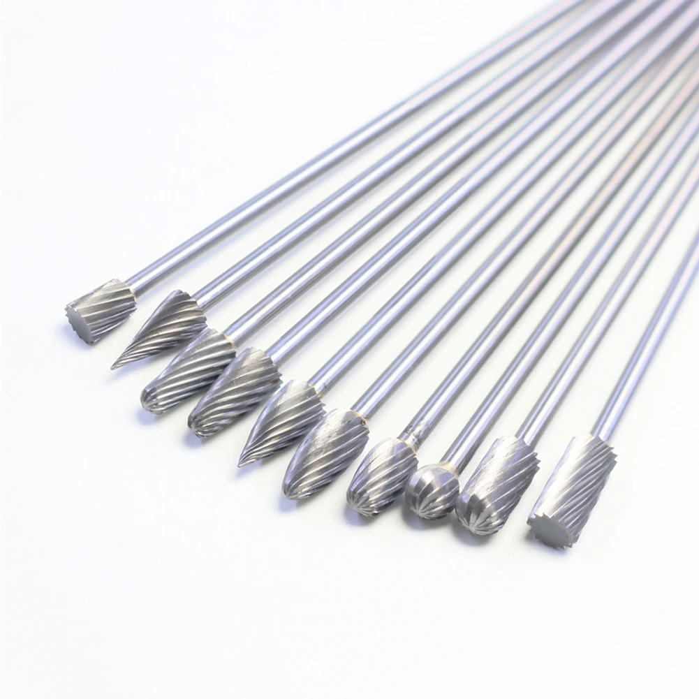 10Pcs 3mm Shank Carbide Rotary Burrs Single File Set For Metal Wood Glass Grinding Polishing Engraving Router Tool Accessories