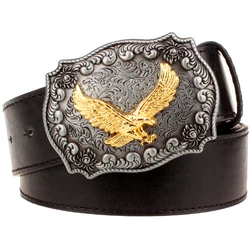 Golden Eagle Buckle cintura in pelle da uomo Wild West Cowboy Style Horse Gold Bull Ridding Head cintura Jeans regalo da donna