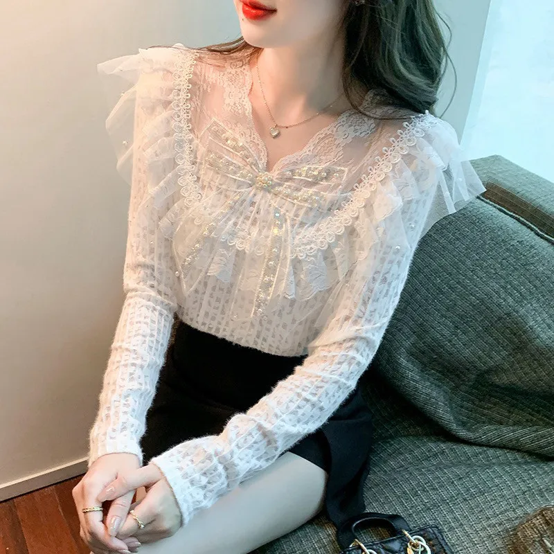 Women French Style Ruffle Bow Beaded Lace Top Long Sleeve Fleece Lined Hollow Out Sweet Fall Winter Inner Blouse
