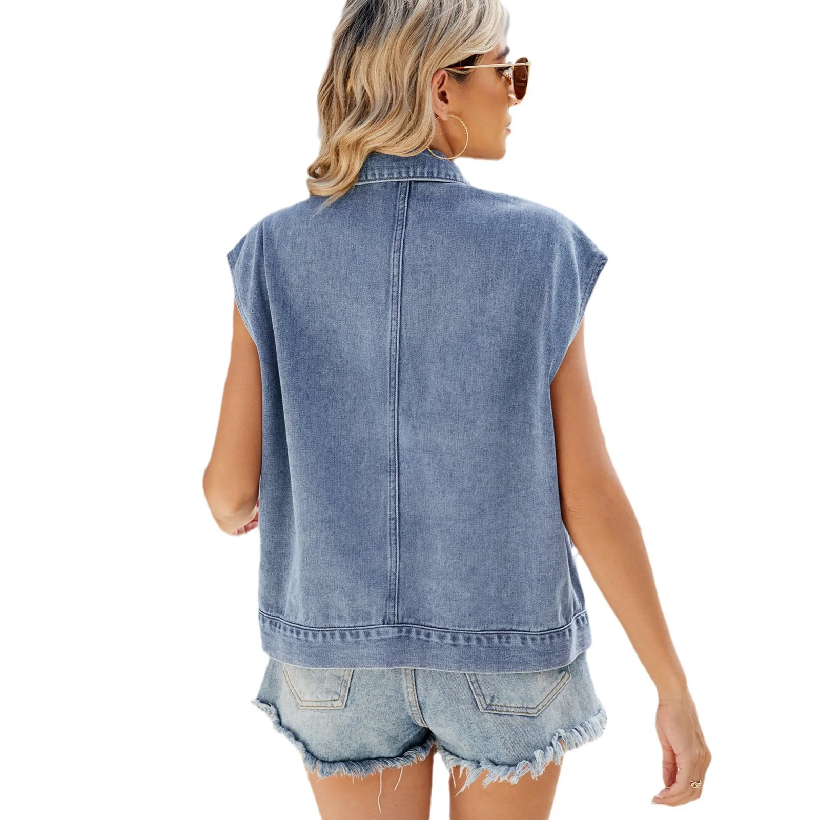 Veste en Denim Délavée à un Nucleo pour Femme, Gilet à Capuche avec Poignées Amovibles, Revers Décontracté, Nouvelle Collection Été 2024