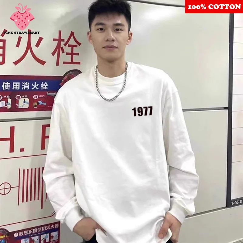

1977 Number Print T-shirt Men Autumn Winter 2025 New 100% Cotton Oversize White Long sleeves Casual T-shirt Y2k Top Man clothing