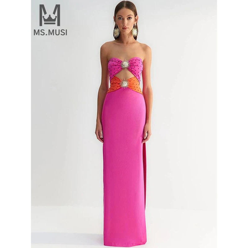 

MSMUSI 2024 New Fashion Women Sexy Strapless Diamond Crystal Sequins Hollow Out Sleeveless Bandage Bodycon Party Club Maxi Dress