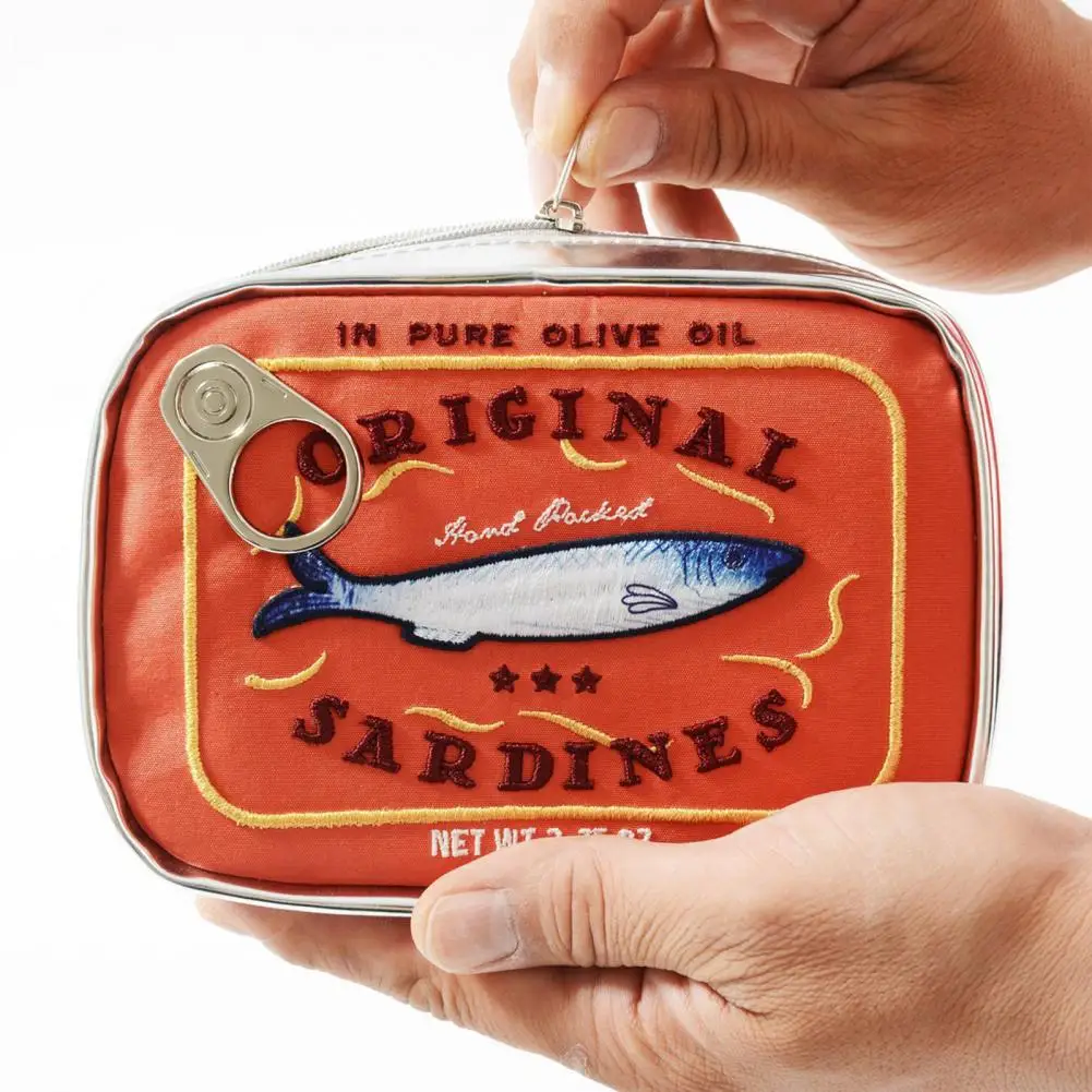 Canned Sardines Makeup Bag Zipper Closure Embroidery Small Toiletry Pouch Portable Travel Toiletry Bag Cosmetic Organizer Case
