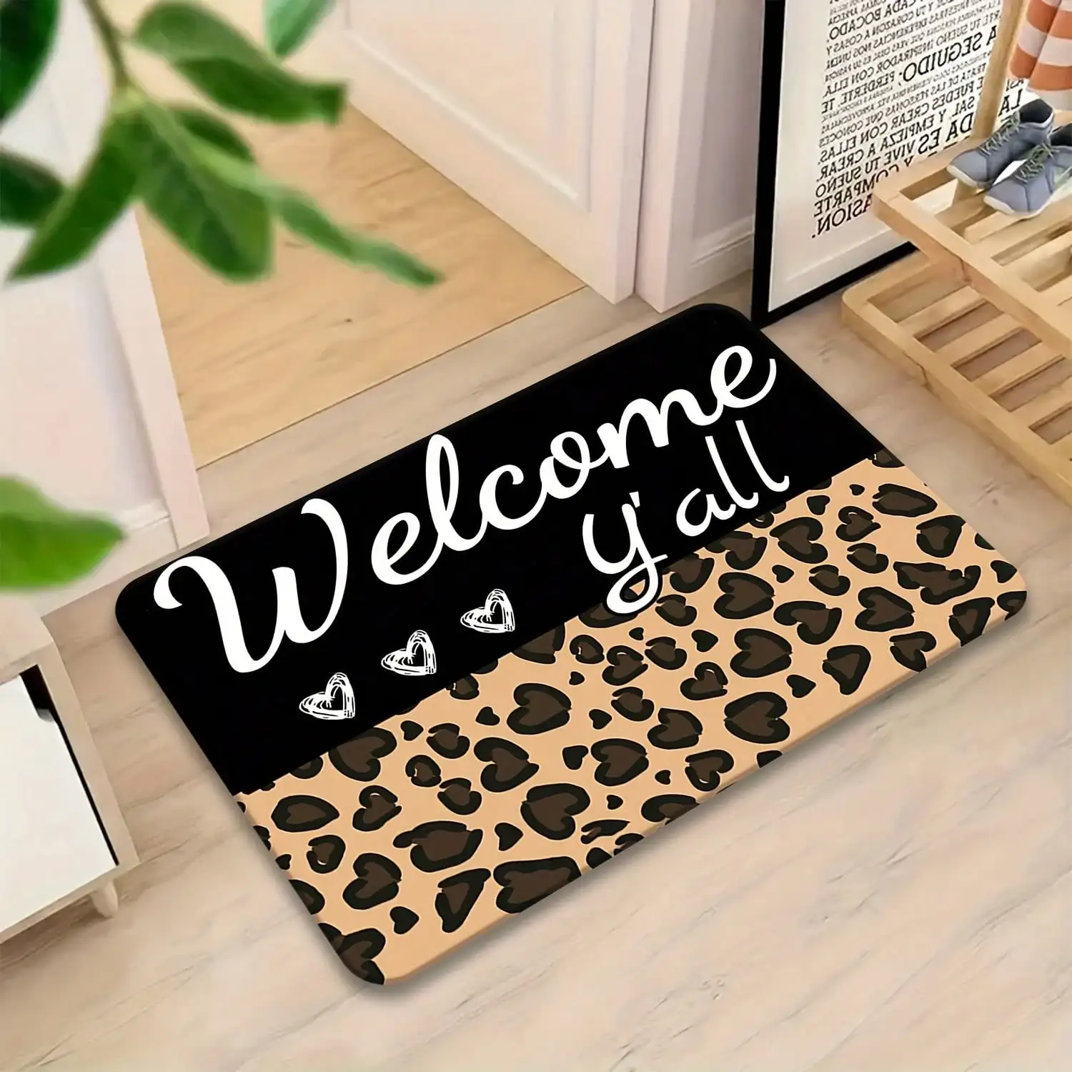 1pc Leopard Print Welcome Y'all Non-Slip Doormat - Soft Flannel, Washable, Rectangular Entrance Laundry Room, Kitchen, Bathroom, And Home Decor Accessories