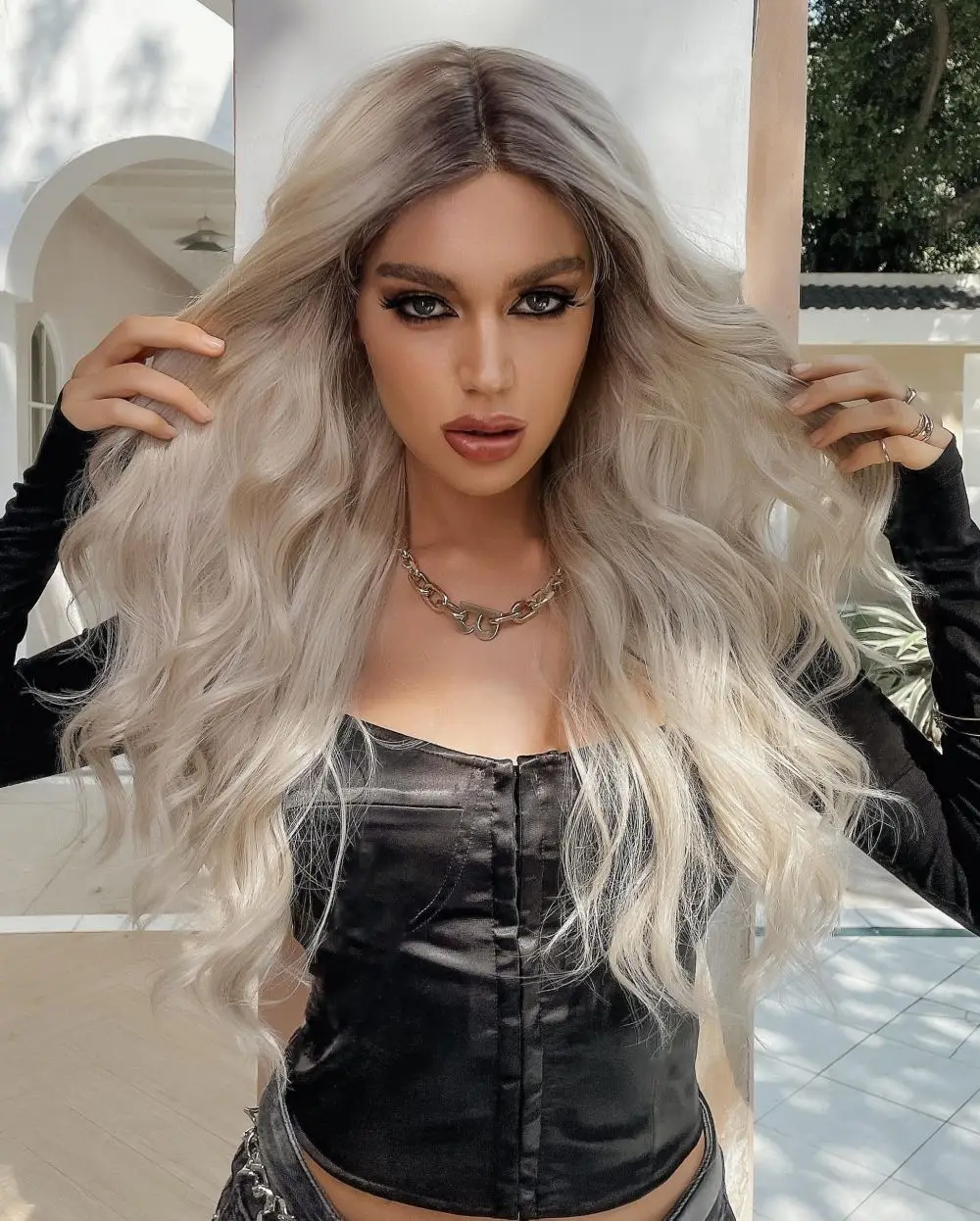 Cinza loira raízes onda solta peruca dianteira do laço platina loira perucas sintéticas ombre cabelo humano 5% misturado diário/cosplay resistente ao calor