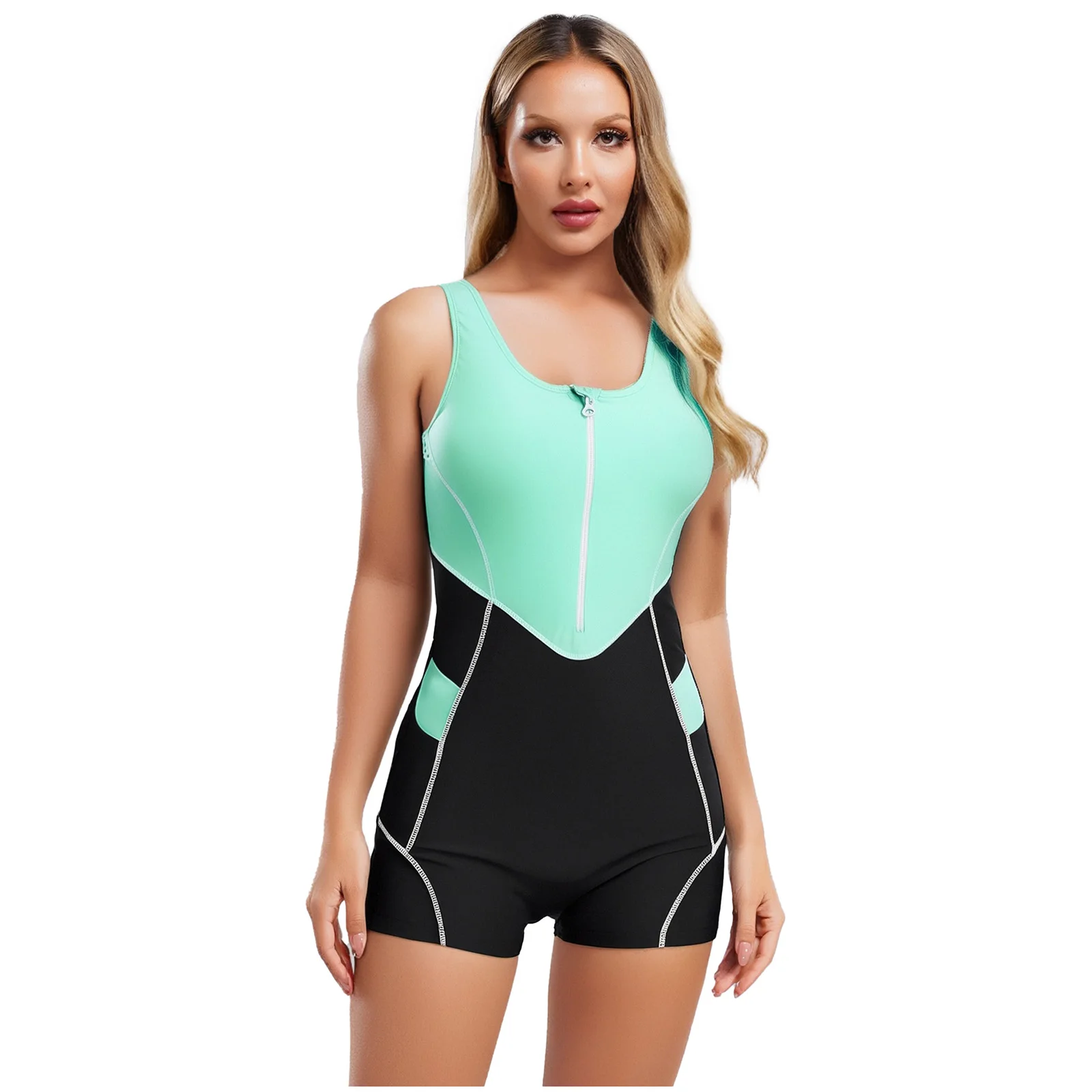 

Women's Swimsuit One-Piece Color Block Cutout Swimwear Back Zipper Front Swim Jumpsuit Bathing Suit with Removable Chest Pads