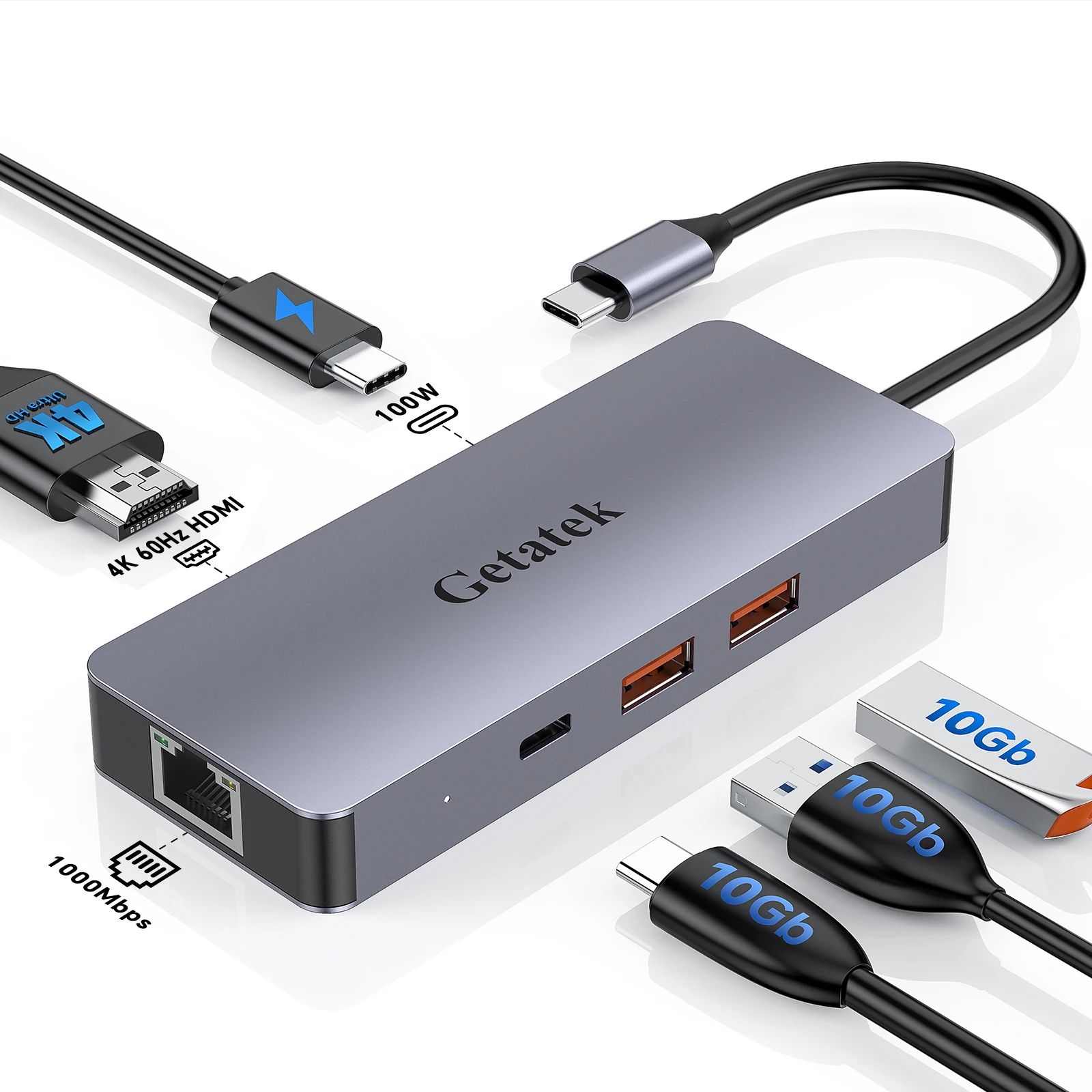 

FORIDA 6IN1 USB C Hub to HDMI 4K60Hz Ethernet RJ45 Port PD 100W USB 3.2 Type C 10Gbps Adapter for Macbook Laptop Tablet