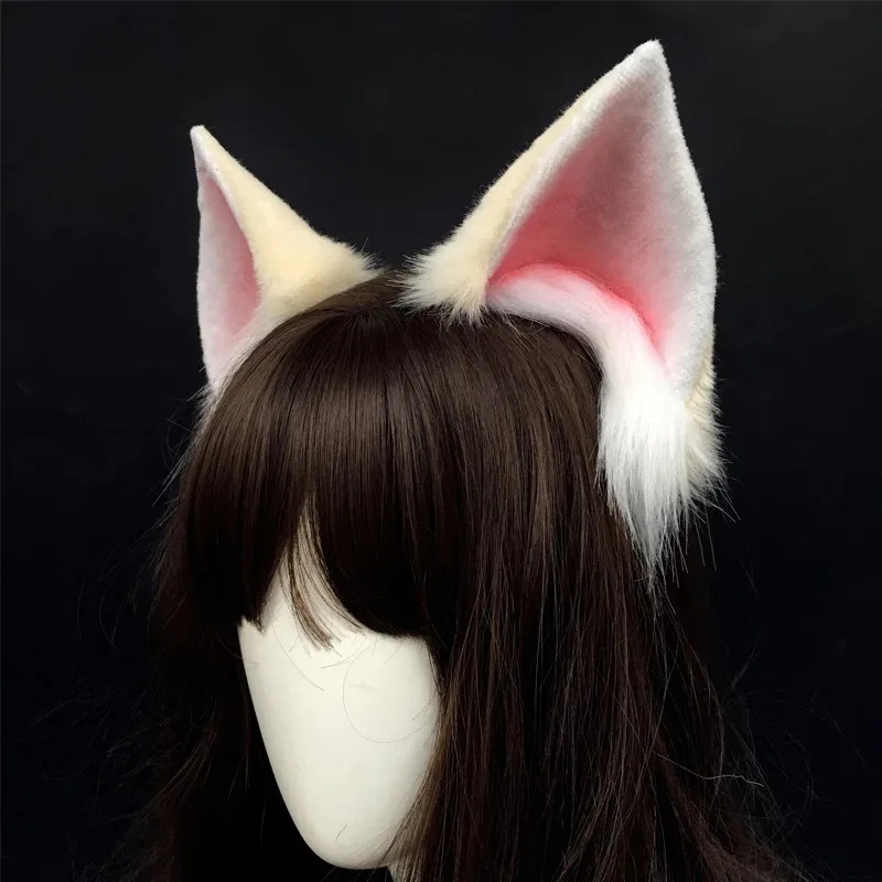 Anime Kawaii Fox Ears Hand Made Ear Lolita White Pink Headpiece Animal Ears Cosplay Head Band LOL Fox Headwear Girls Accessories