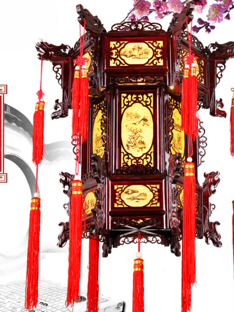 2023 new Chinese antique solid wood palace lantern outdoor waterproof balcony advertising luminous housewarming