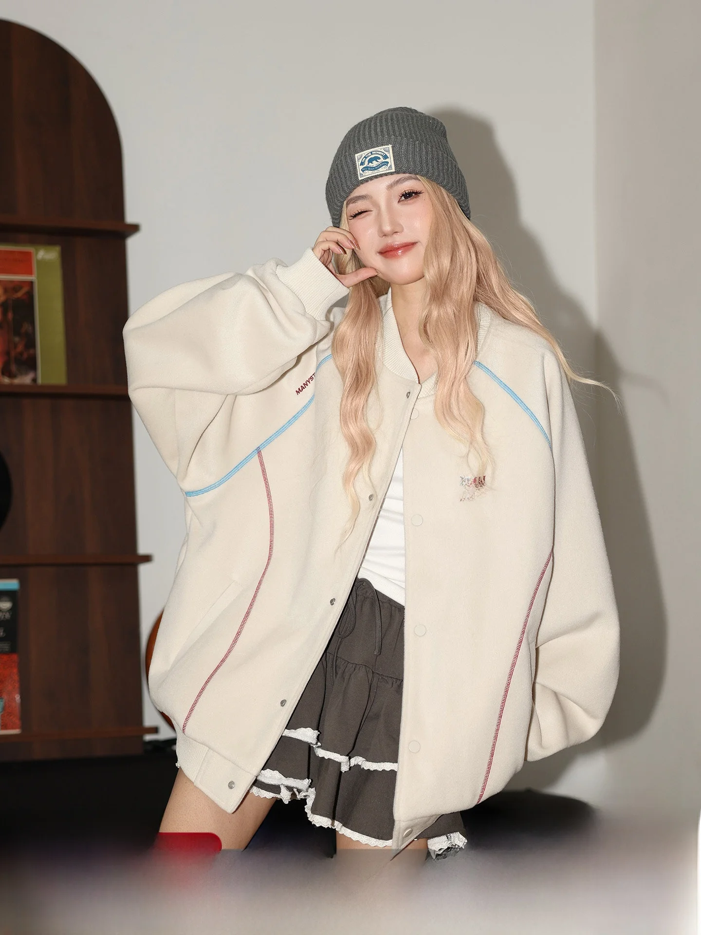 

Женская повседневная куртка Pinksports свободного кроя с воротником-бомбером, длинными рукавами, из полиэстера, весенняя новинка, утягивающая, маленького размера