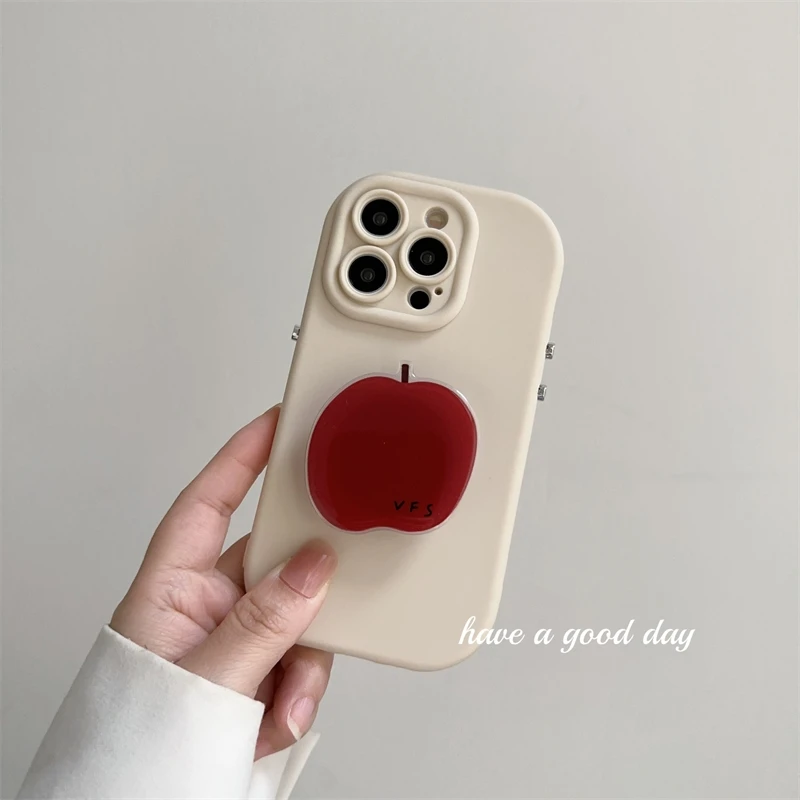 Korea Ins Kawaii Red Fruit Bracket Creative Phone Case For IPhone 15 14 13 12 11 Pro MAX XS XR X Cute Shockproof Back Cover