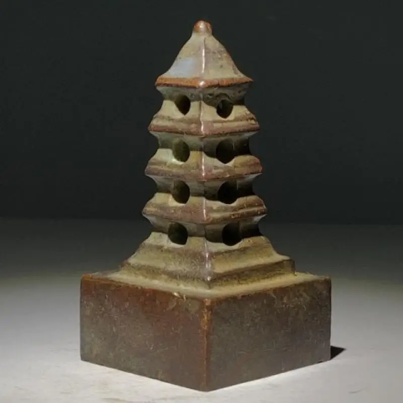 Purple Copper Pagoda Seal Antique Old Chinese Tower Shape Stamp Engraved Sanskrit Desktop Collection Ornament
