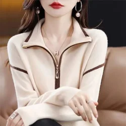 2024 Polo Collar Wool Sweater Women's New Half High Zipper Loose Outer Hoodie High-End Base Knit Sweater Solid Color Jacket Lady