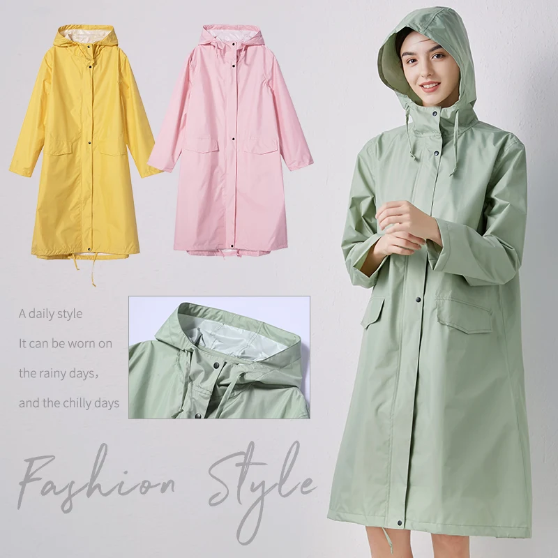 Womens Stylish Solid Yellow Rain Poncho Waterproof Raincoat with Hood and Pockets