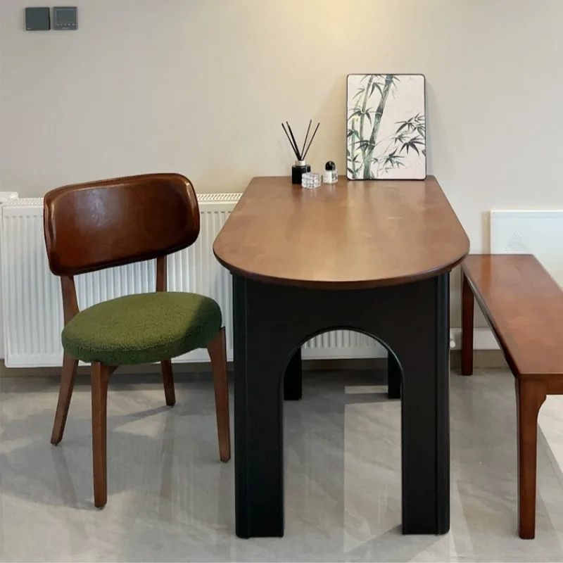 Solid Wood Dining Chair, Mid-Century Modern Upholstered Back Chair for Dining Room, Wax Leather & Lambswool Seat for Home
