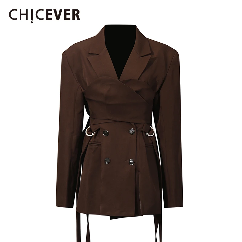 

CHICEVER Brownyellow Spliced Sashes Jacket Female Lapel Long Sleeve Patchwork Double Breasted Women's Jackets Autumn Fashion New