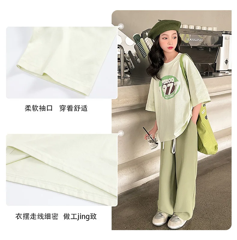 2024 autumn Girl Clothes Outfits New Korea Short Sleeve half sleeve T-shirt + wide leg Pants Trousers Teens 6 7 8 10 11 12 year