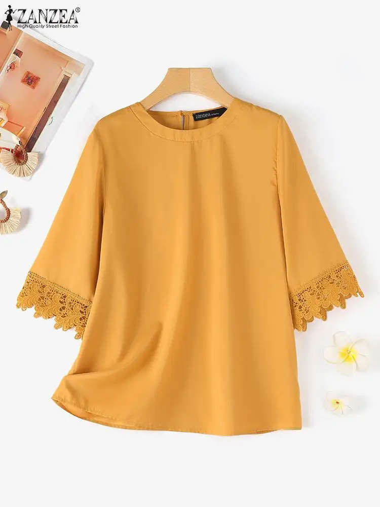 Women Lace Tops ZANZEA 2024 Summer Blouse 3/4 Sleeve Elegant Casual Loose Round Neck Solid Color Fashion Shirts Blusas Feminina