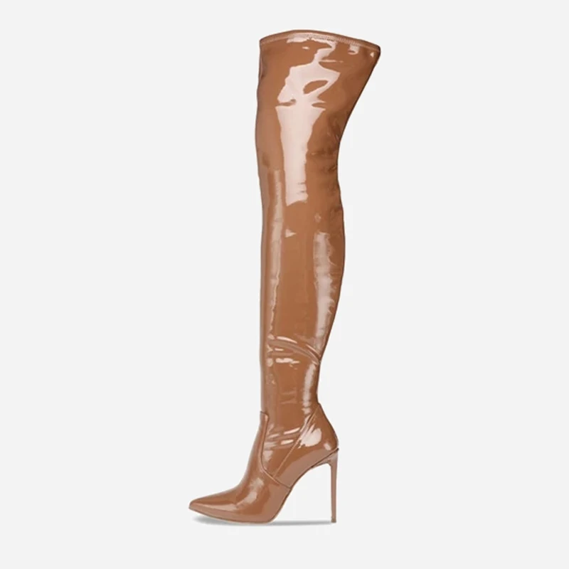 

Arden Furtado 2024 Autumn Patent Leather Over The Knee Boots Pointed Toe Side zipper Super thigh high heel brown tan boots 41 43