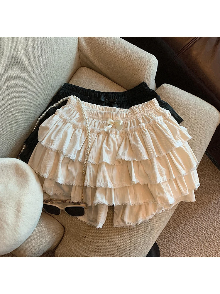 Women Japanese Y2k Korean Fashion 2000s Aesthetic Mini Skirt Ballet Core Design Mori Girl Culottes Lace Elastic Waist Lolita New