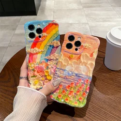 Ottwn Twisted Edge Laser Rainbow Clouds Flowers Phone Case For iPhone 11 12 14 15 Pro Max Plus Soft Shockproof Back Bumper Cover