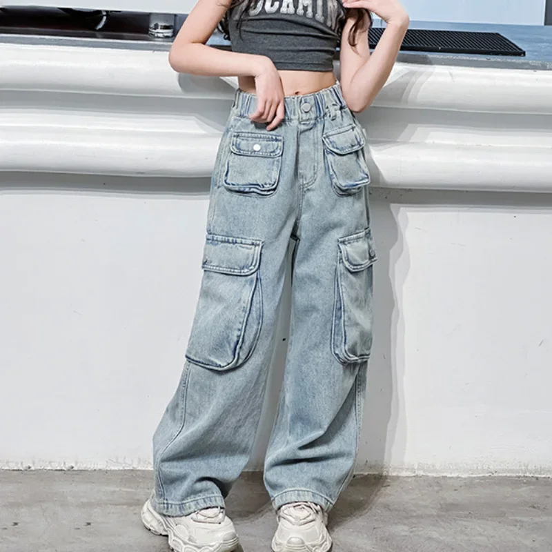 

Girls Cargo Pants Autumn New Fashion Loose Teens Kids Wide Leg Jeans Casual All-match Big Pockets Design 10 12 14 Years Tousers